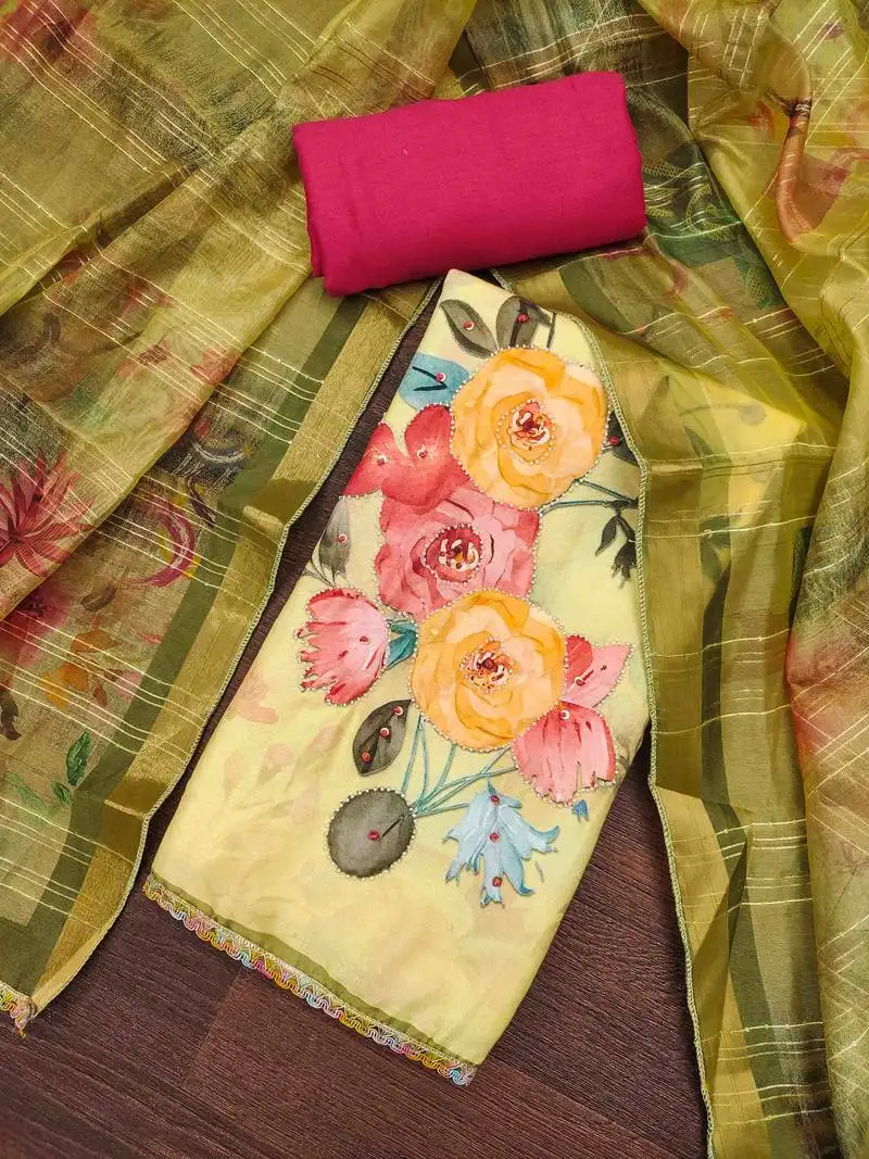 Women's yellow jam cotton print handwork unstitched dress material