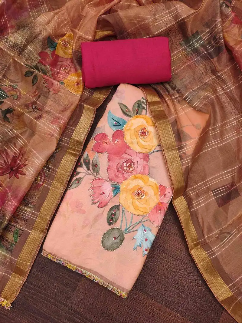 Women's peach jam cotton print handwork unstitched dress material