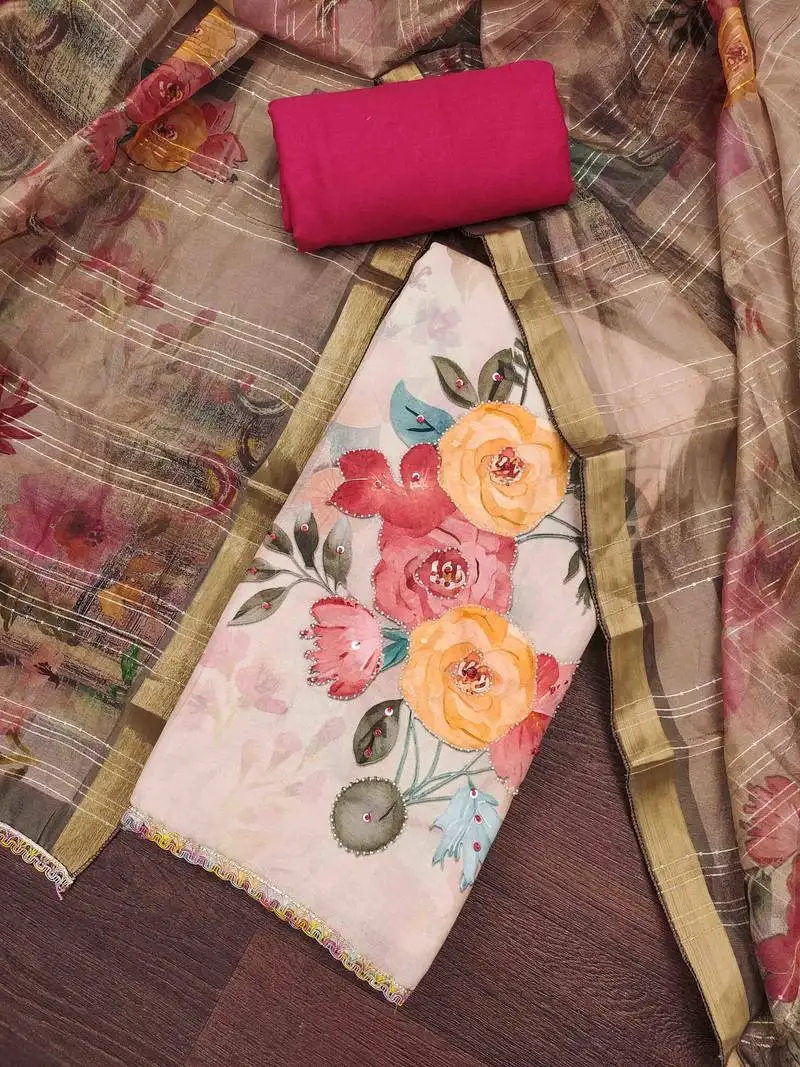 Women's beige jam cotton print handwork unstitched dress material