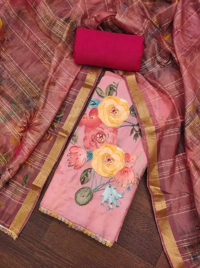 Women's pink jam cotton print handwork unstitched dress material