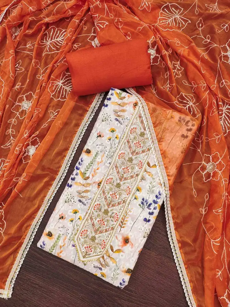 Women's off-white cambric cotton digital handwork unstitched dress material