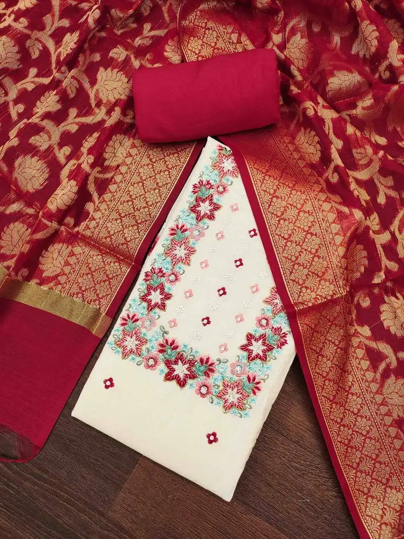 Women's off-white cotton embroidered unstitched dress material