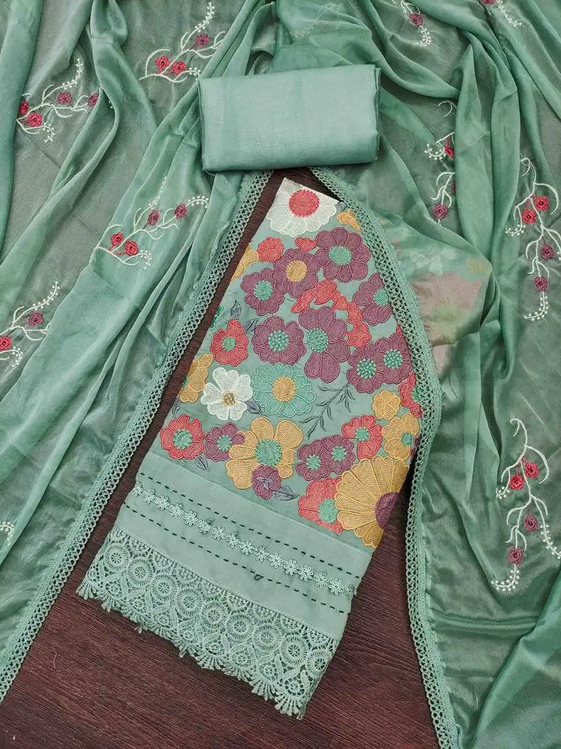 Women's pistapremium roman cotton embroidered unstitched dress material