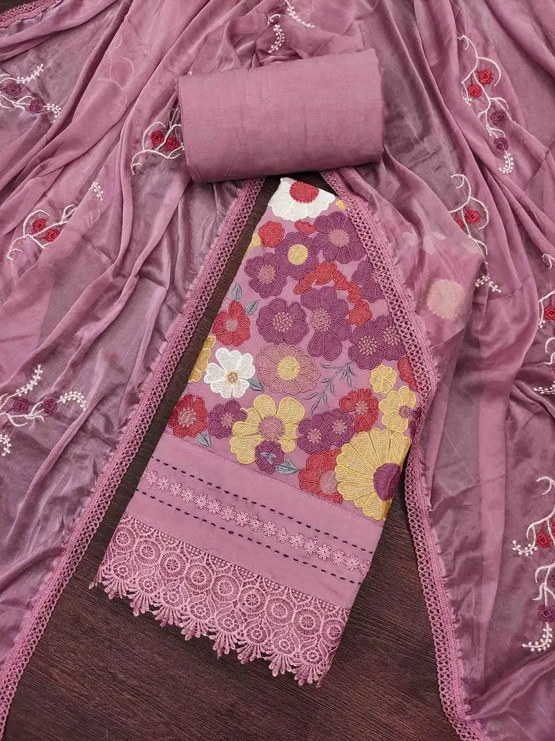 Women's mauvepremium roman cotton embroidered unstitched dress material