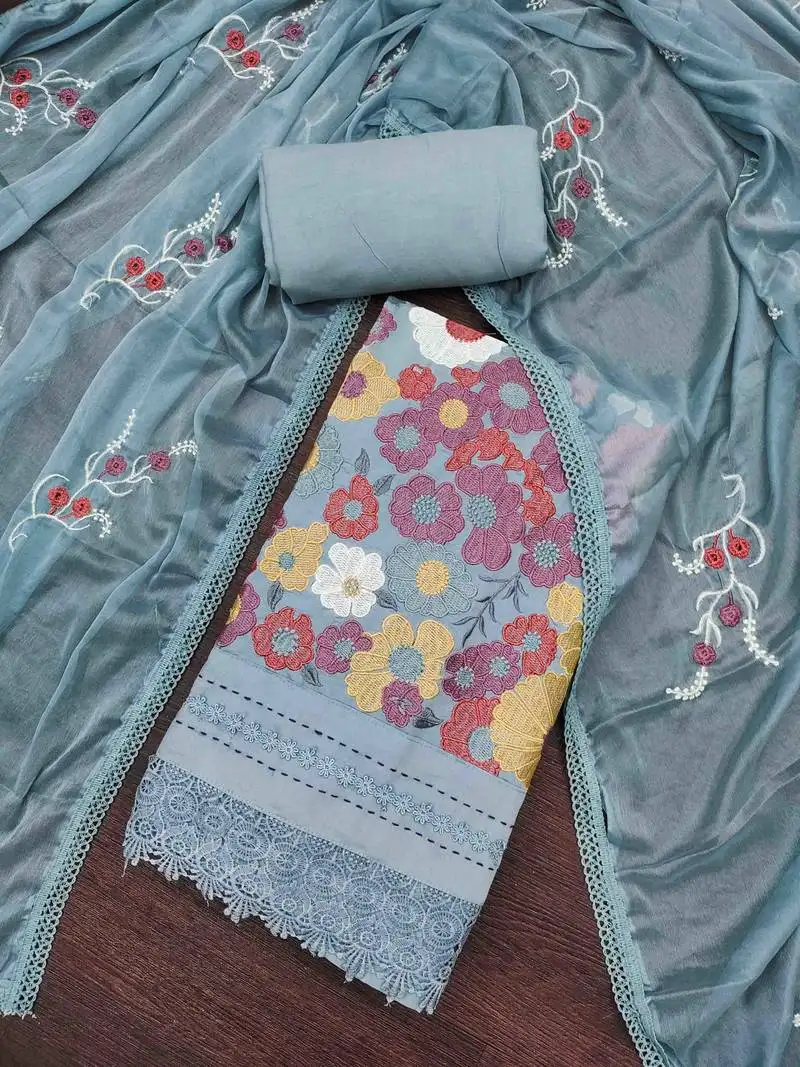 Women's greypremium roman cotton embroidered unstitched dress material