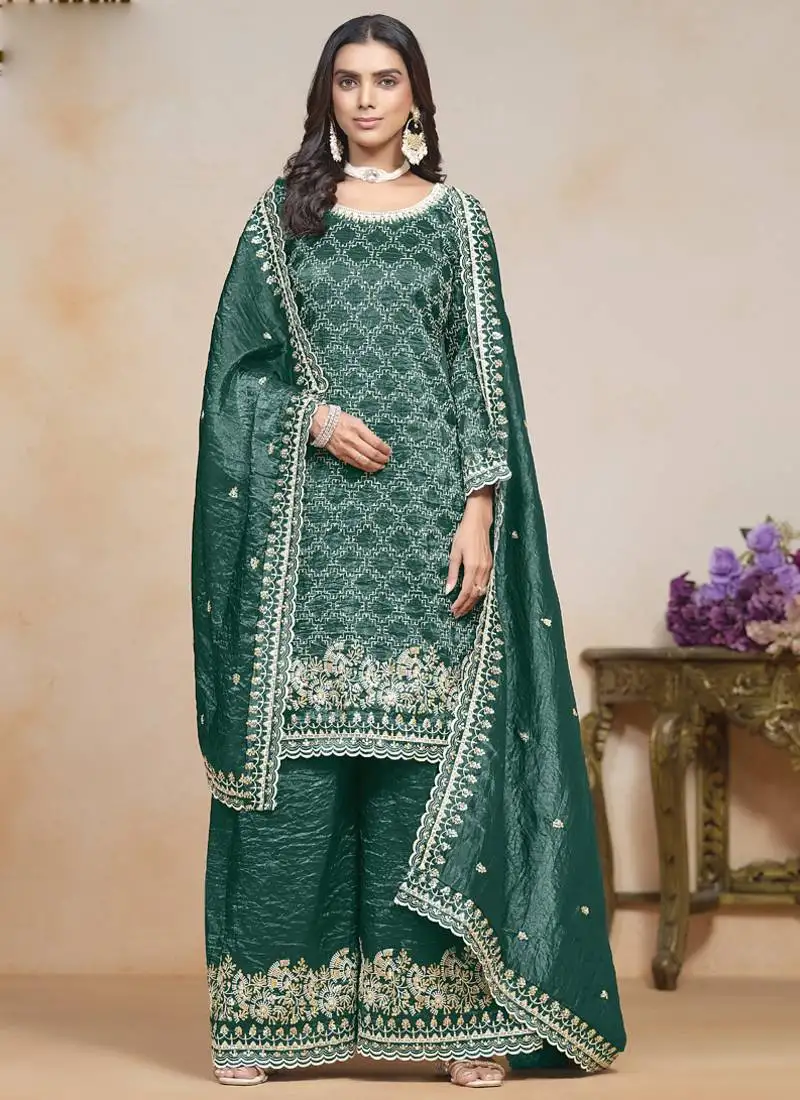 Teal green silk embroidered designer palazzo suit semi stitched