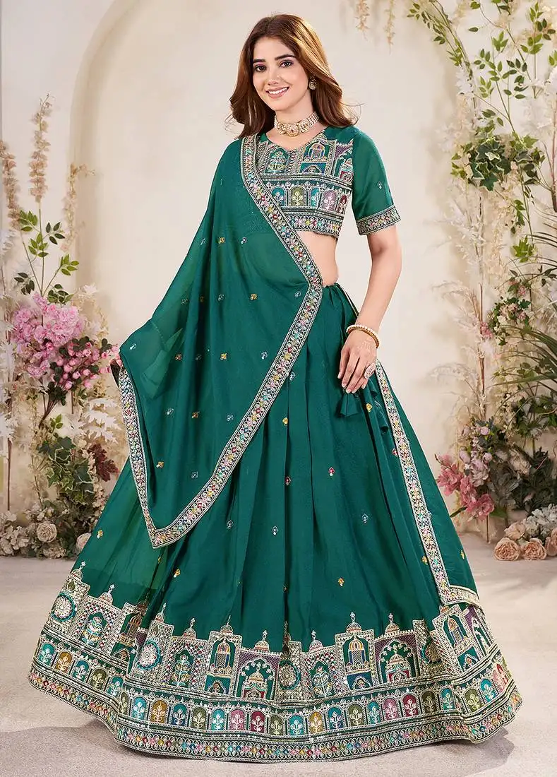 Glamorous teal green sequins embroidered georgette indian designer function wear lehenga dress