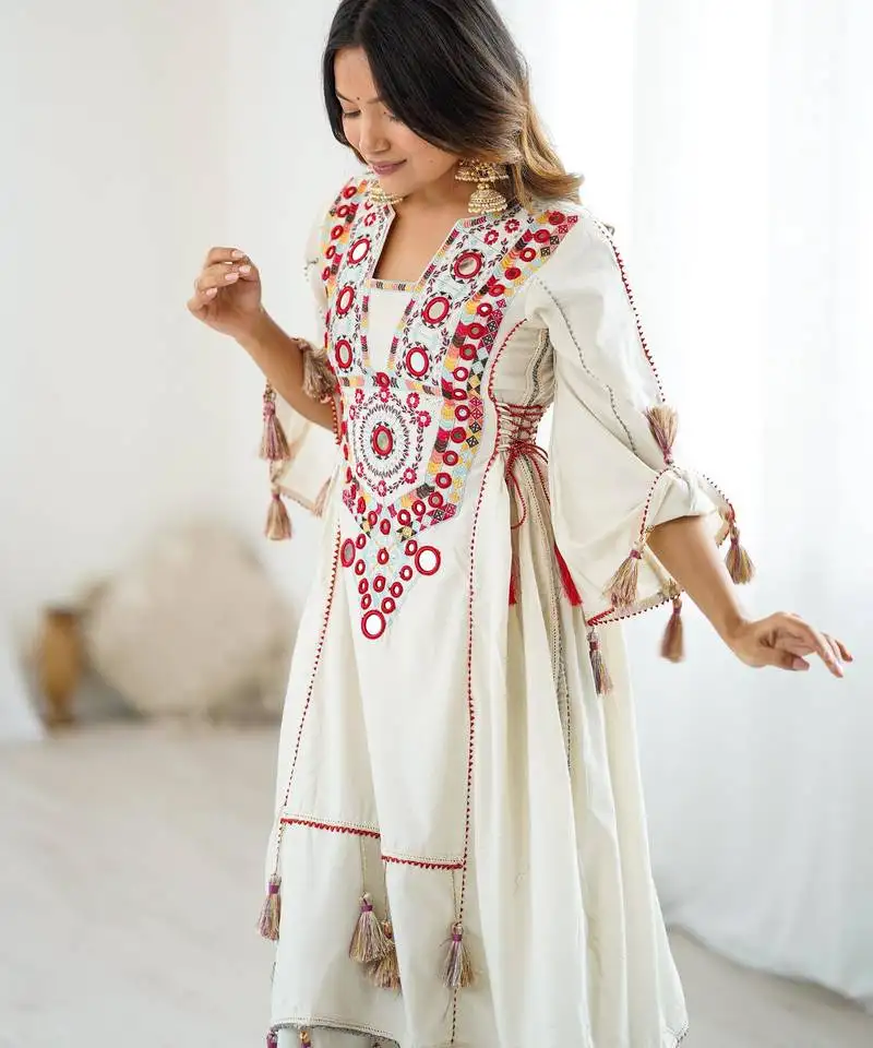 White kurta set with mirror work stitched