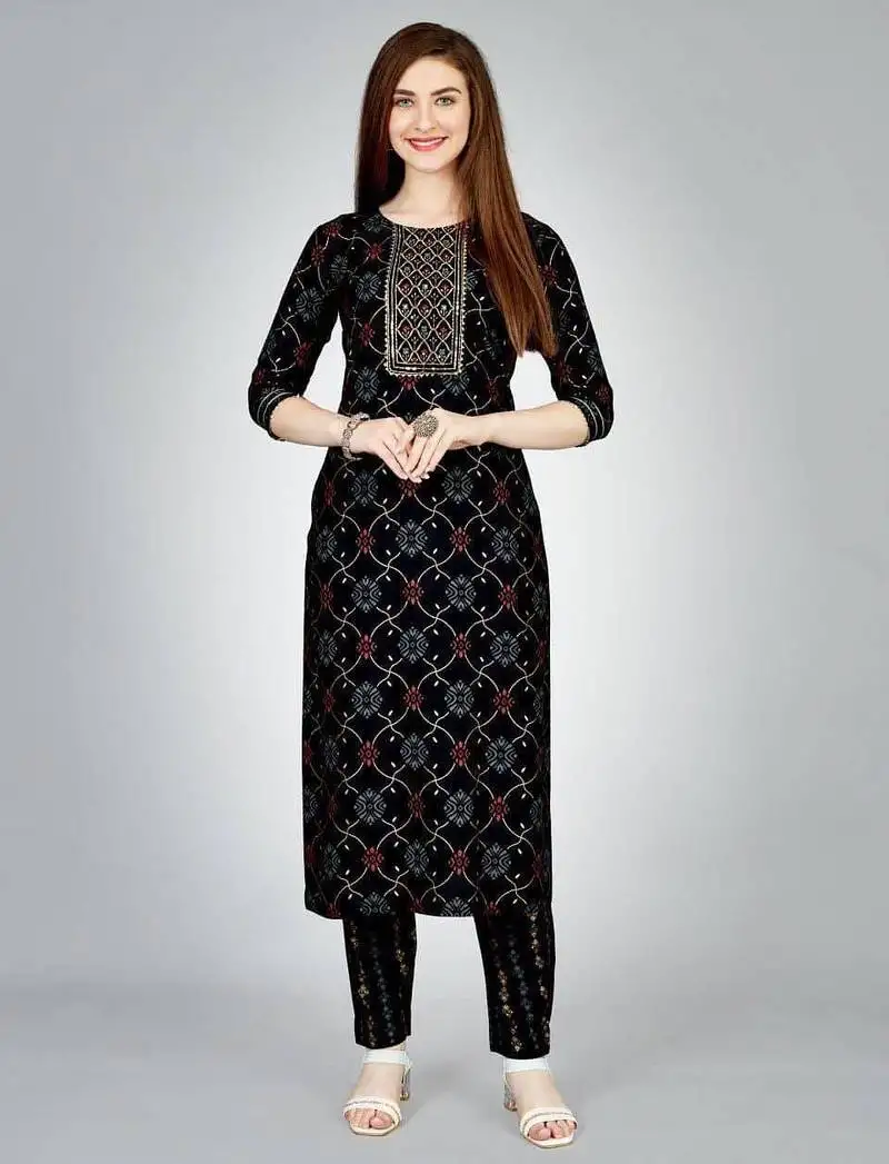 Black printed kurta set with embroidered