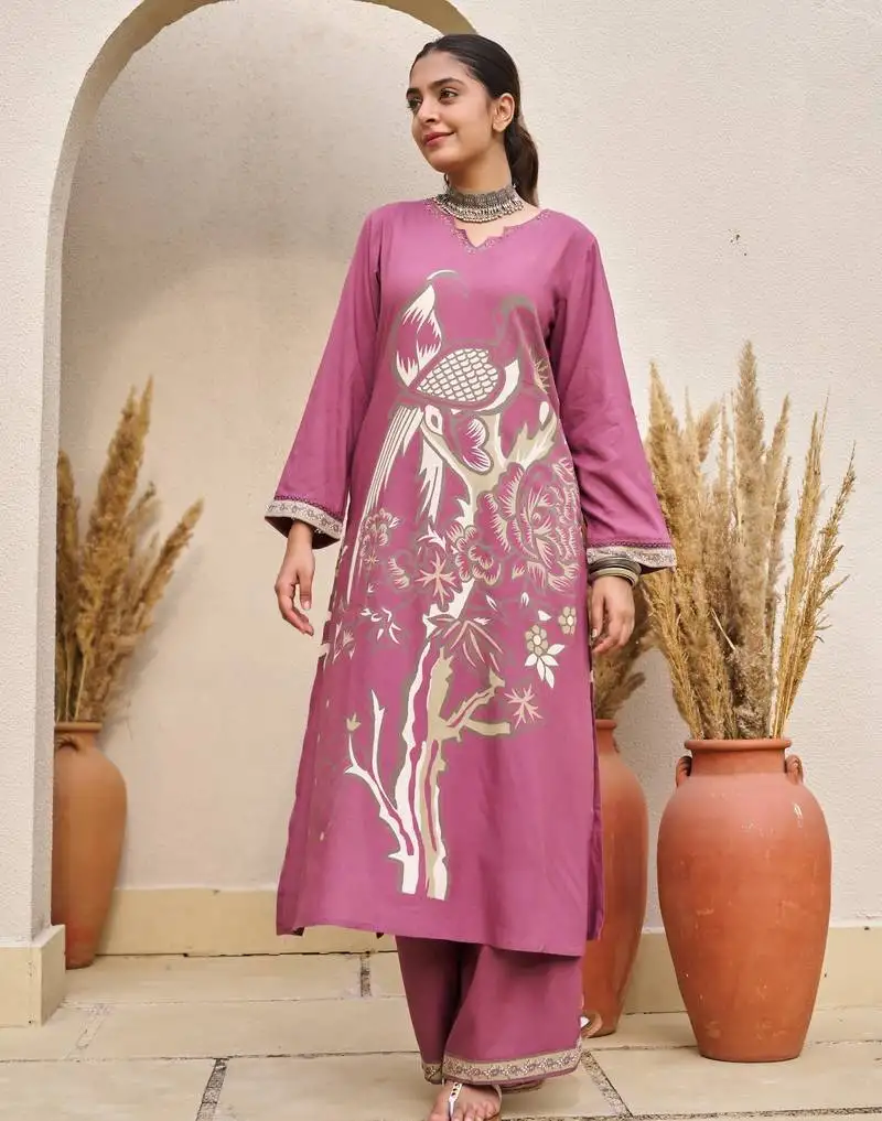 Kabool blush light lavender printed cotton kurta sets