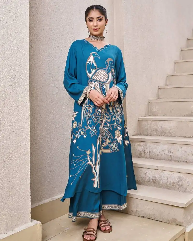 Kabool peacock light teal printed cotton kurta sets