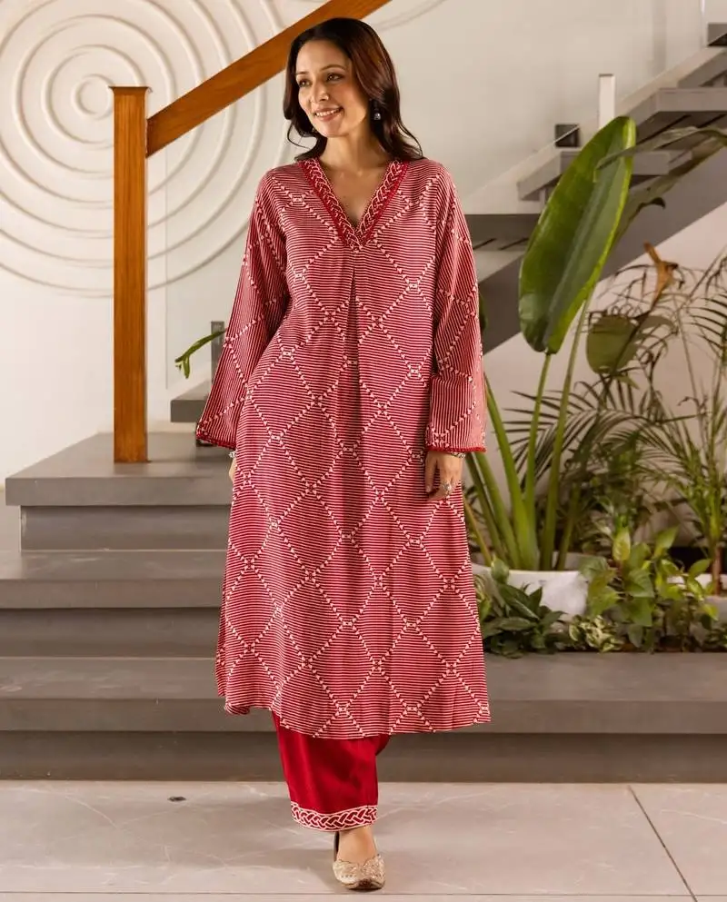Kabool cardinal red printed cotton kurta sets