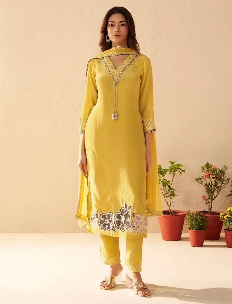 Albeli lemon dark yellow plain crepe kurta sets