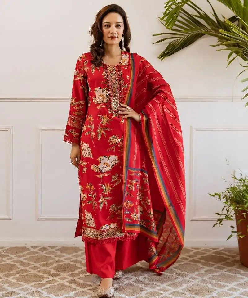 Kabool zarqa red printed cotton kurta sets