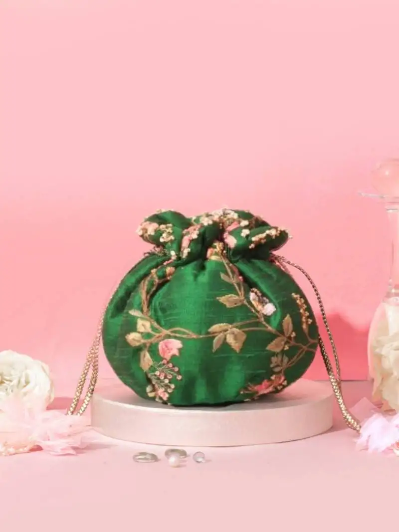 Green silk embroidered potli bag