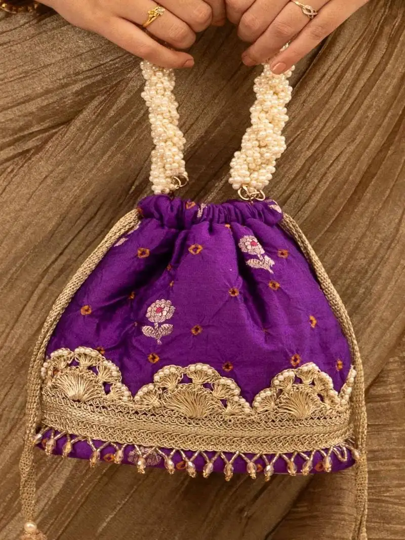 Purple silk embroidered potli bag