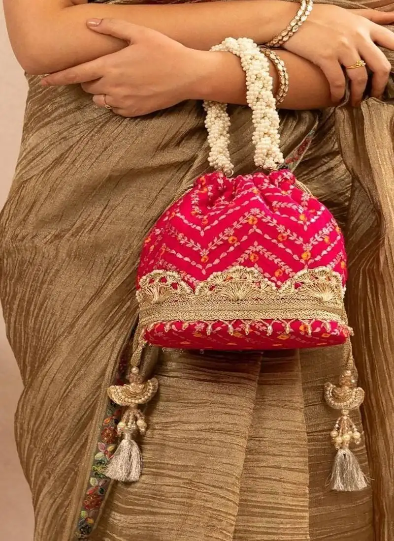 Pink silk embroidered potli bag