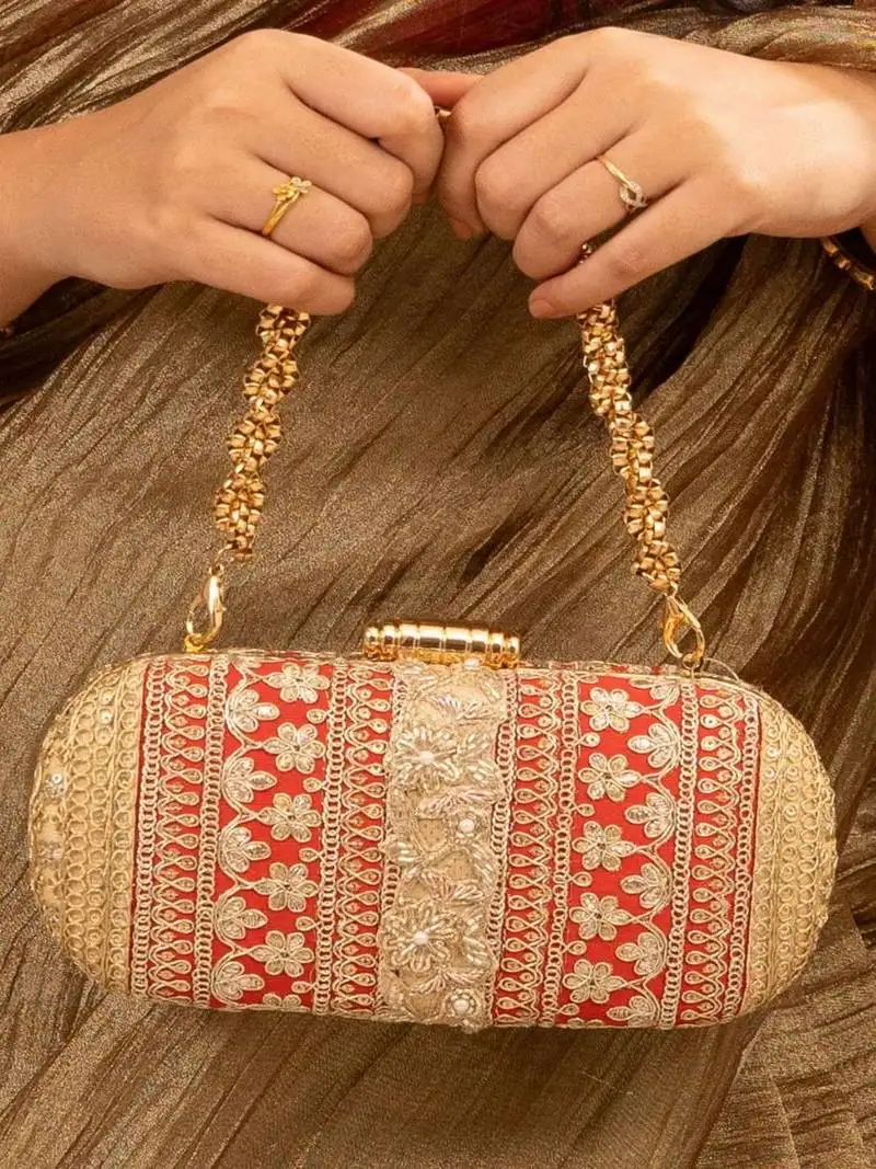 Red silk embroidered clutch