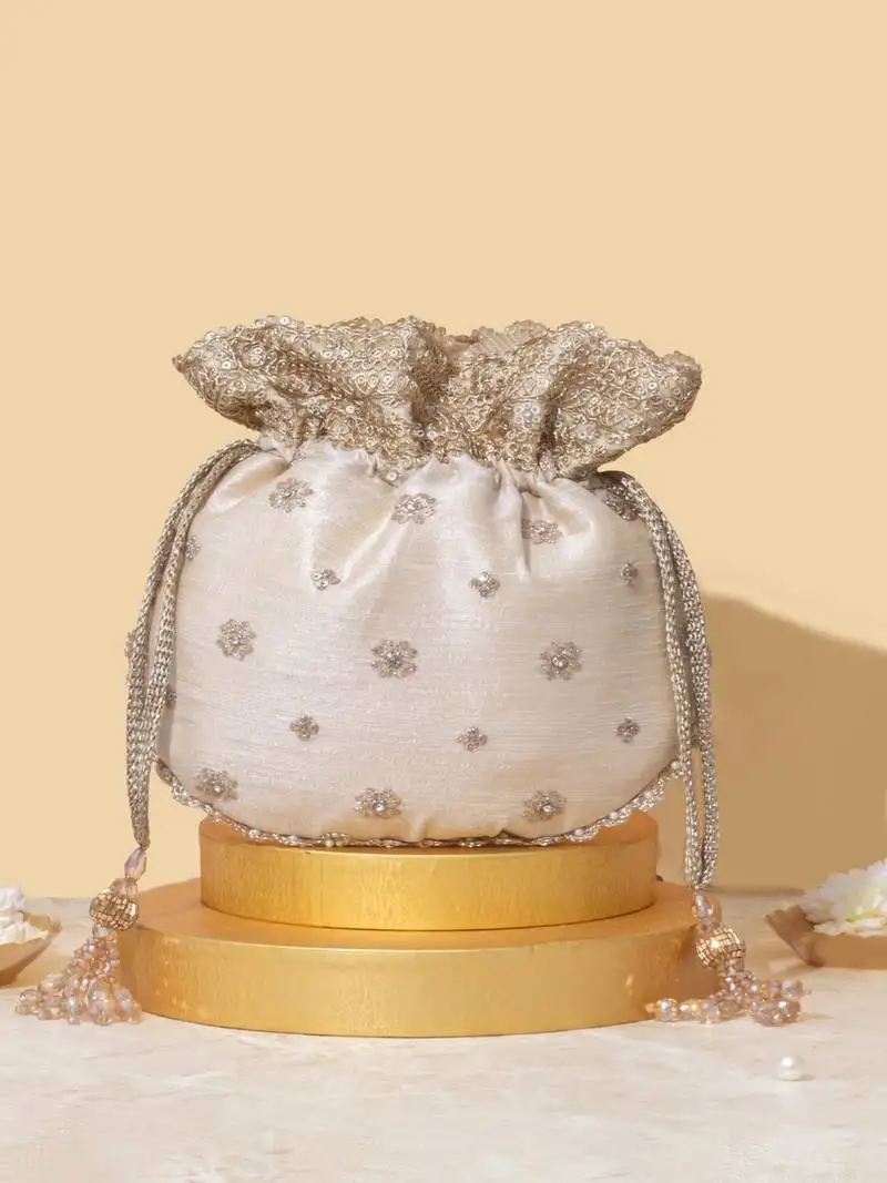 Beige silk embroidered potli bag
