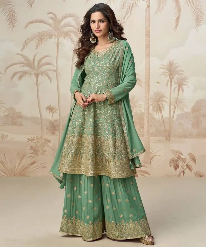 Pastel green geogette full stitched suit upto 42