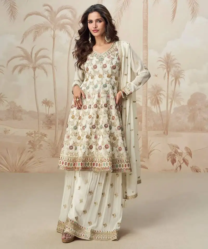 Cream geogette full stitched suit upto 42