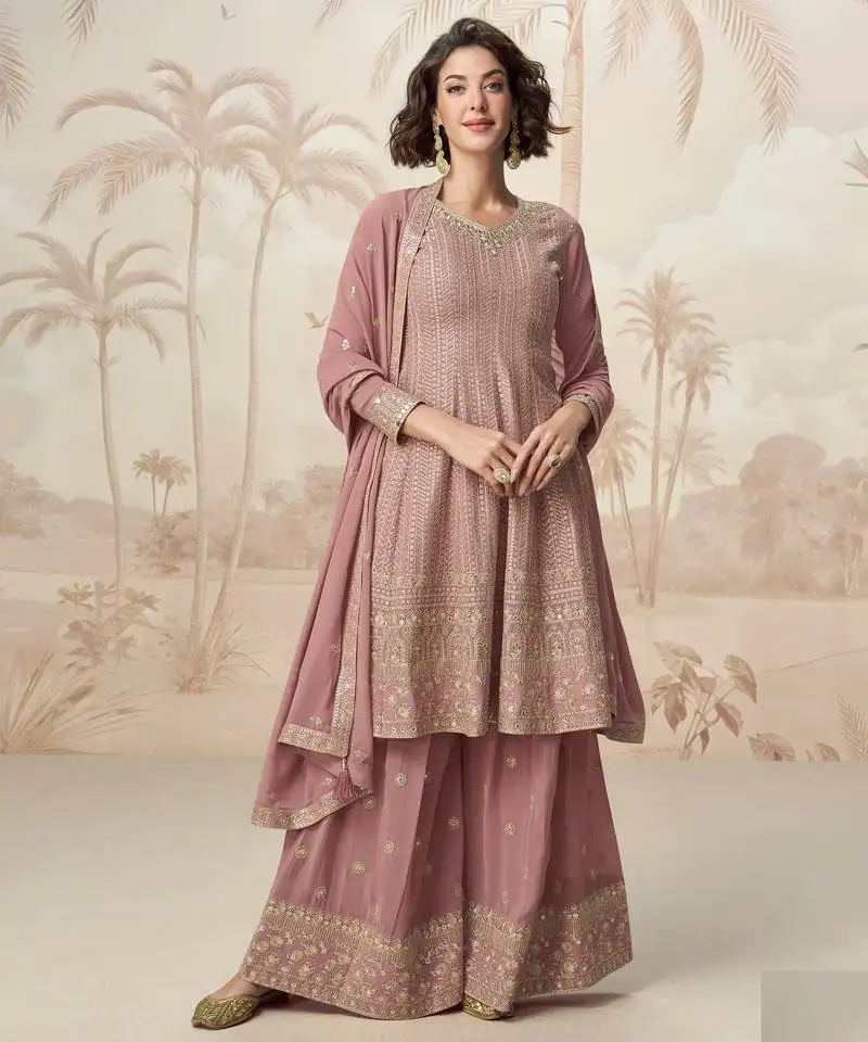 Rose pink geogette full stitched suit upto 42