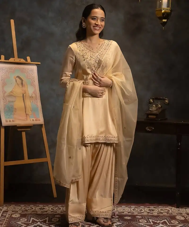 Beige embroidered satin kurta set