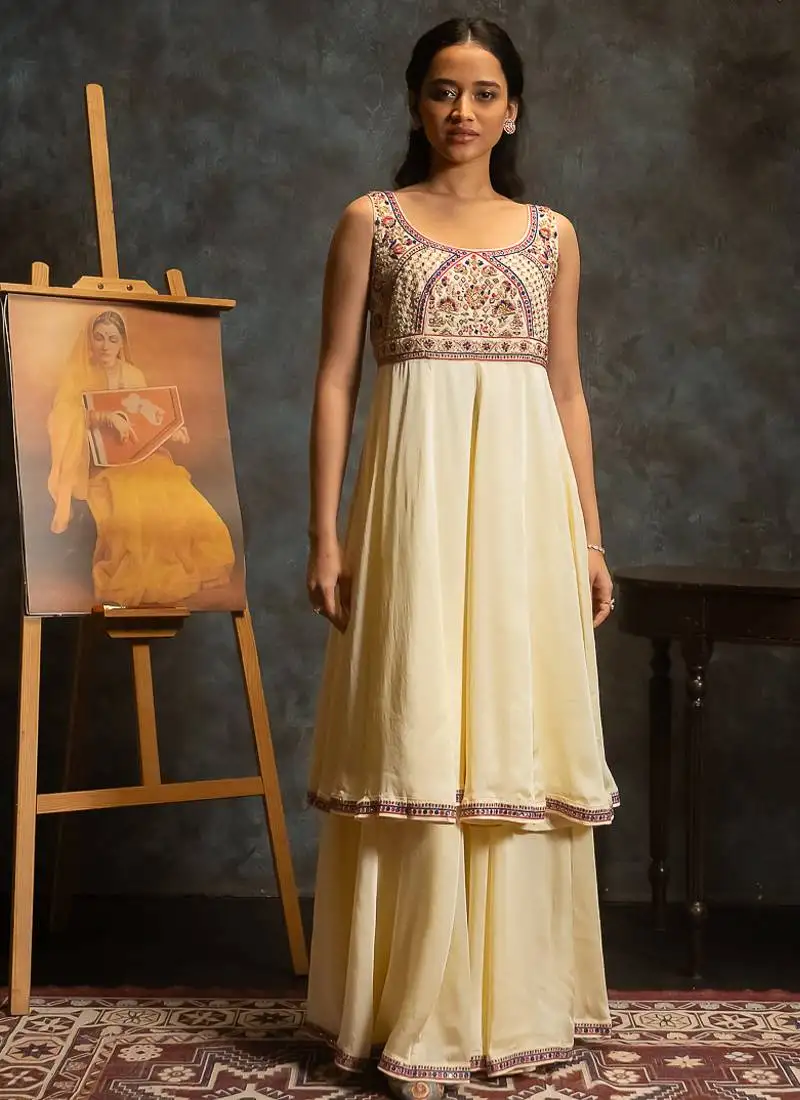 Ivory embroidered satin anarkali set
