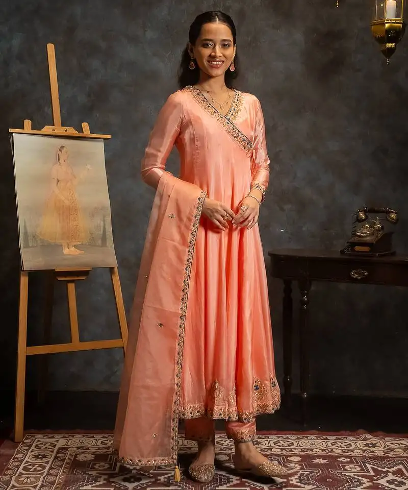 Peach embroidered silk anarkali set