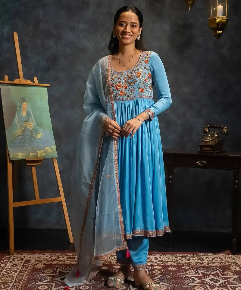 Blue embroidered satin anarkali set