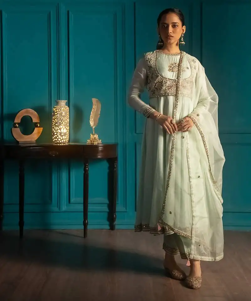 Green embroidered silk anarkali set