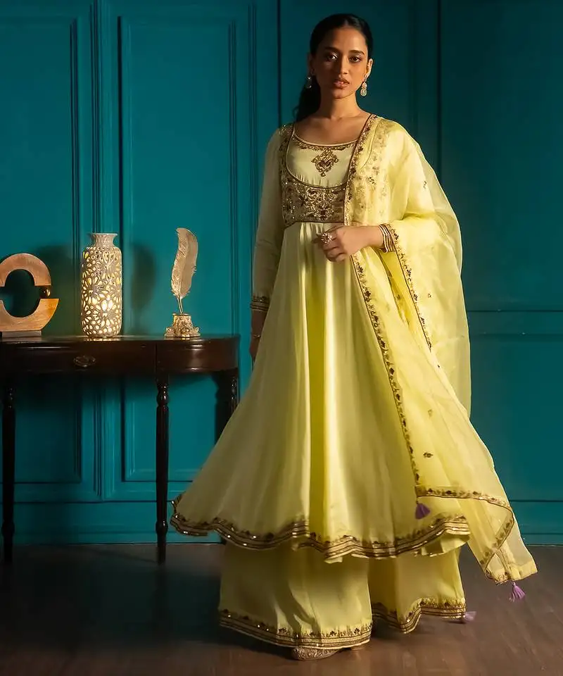 Lime embroidered satin anarkali set