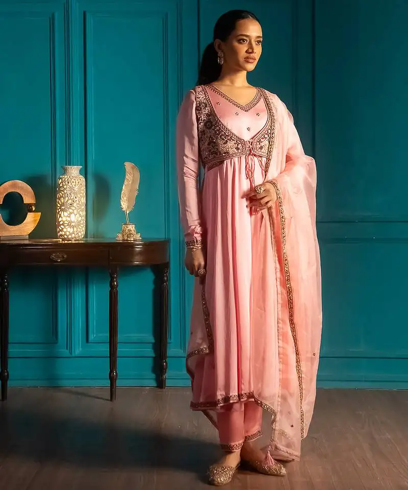 Pink embroidered satin anarkali set