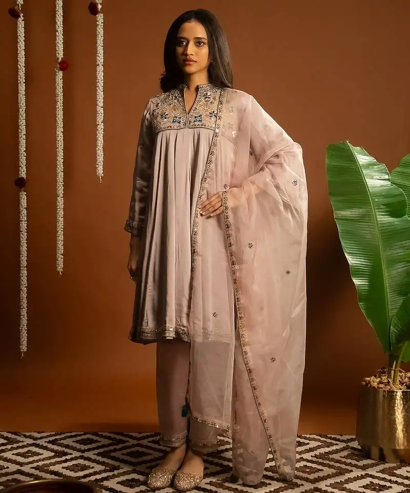 Mauve embroidered satin kurta set