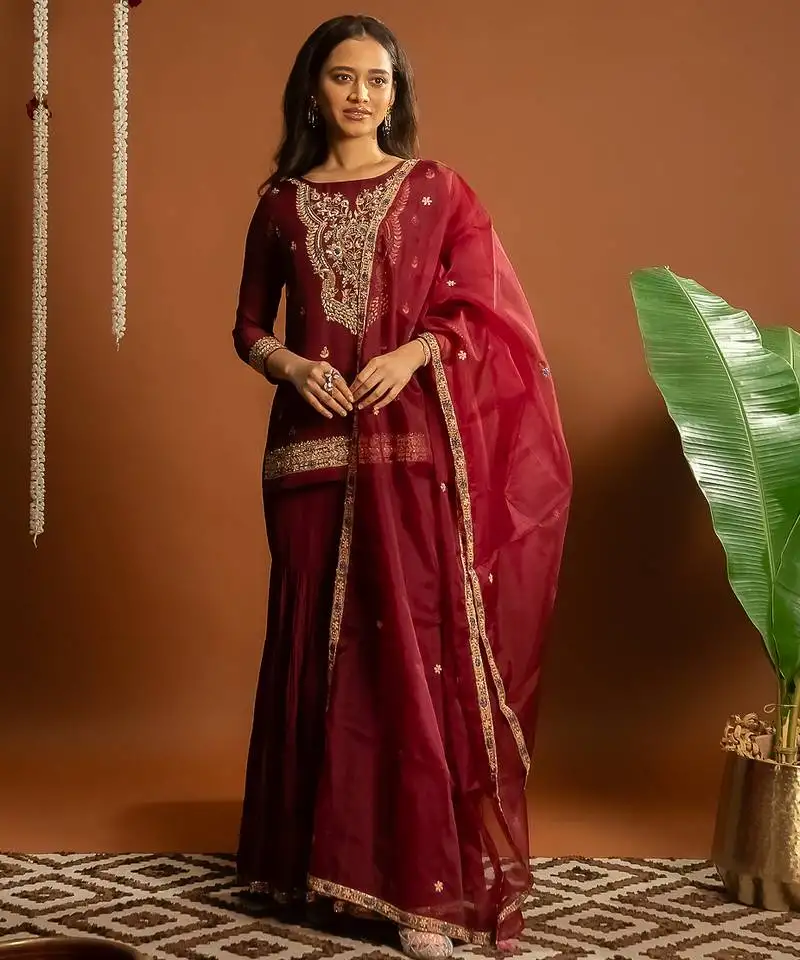 Maroon embroidered satin sharara set