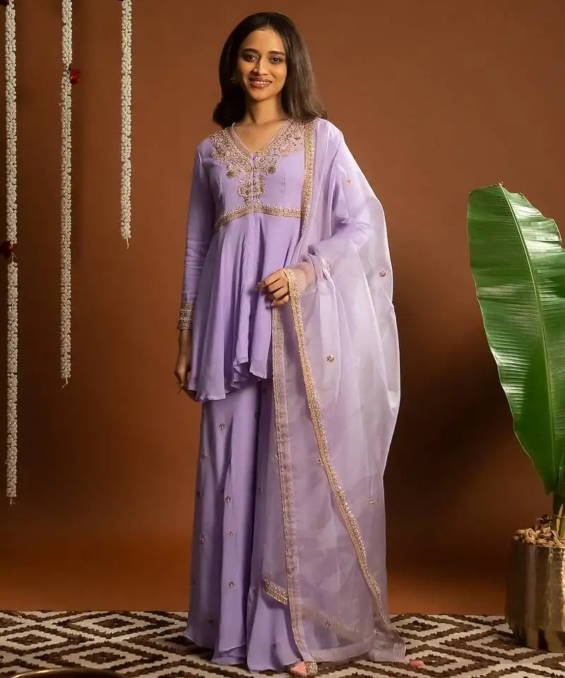 Lilac embroidered georgette sharara set