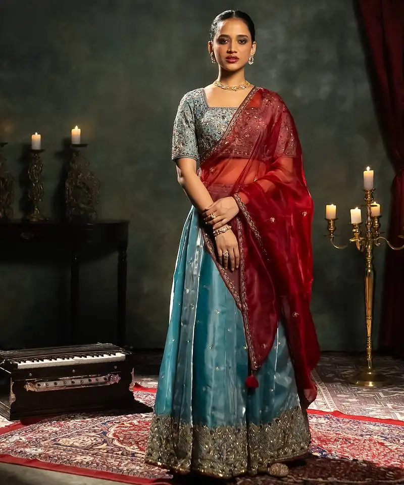 Blue embroidered tissue lehenga