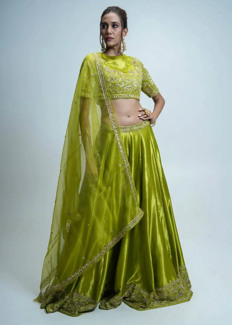 Green embroidered silk lehenga
