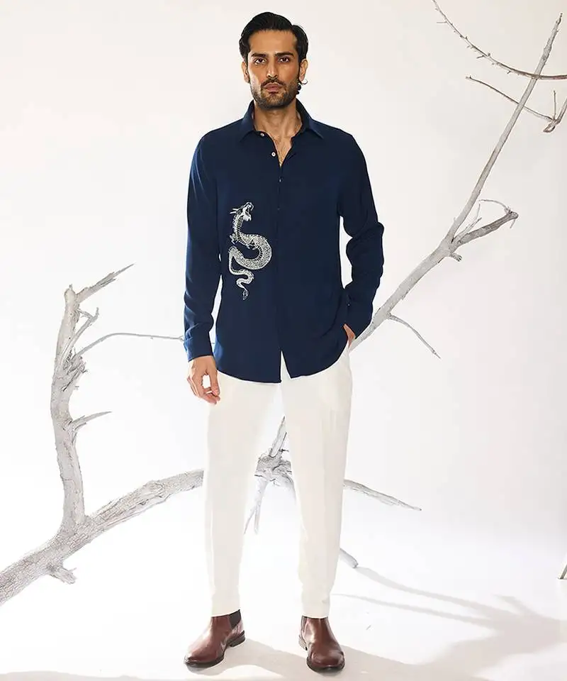 Blue plain faux cotton shirt