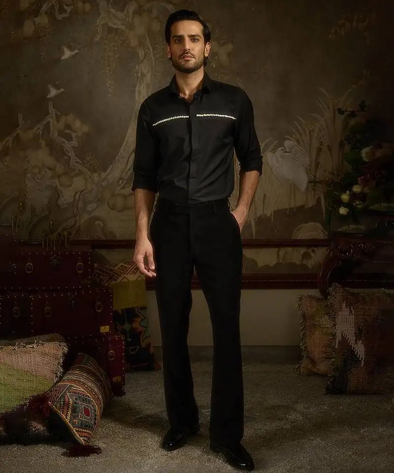 Black plain woolen blend shirt