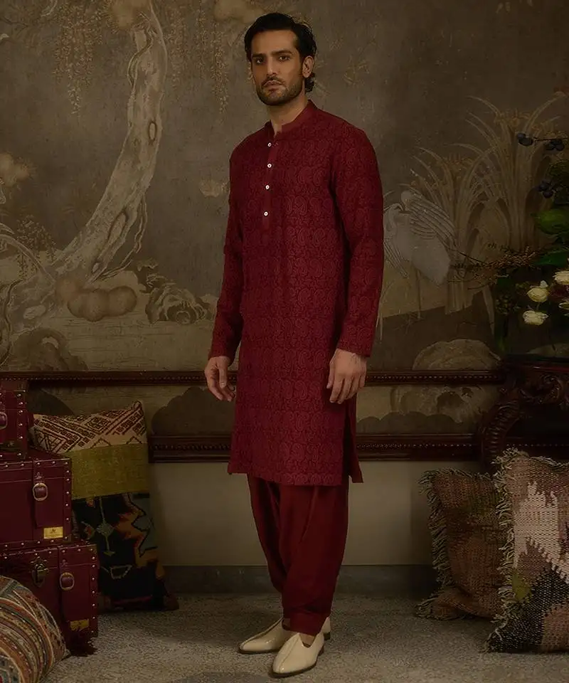 Maroon embroidered georgette kurta pajama