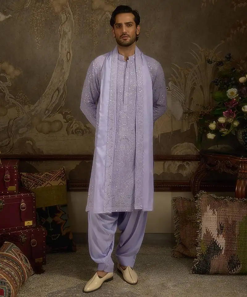Purple embroidered georgette kurta pajama