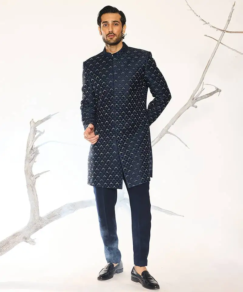 Blue embroidered cotton silk bandhgala suit