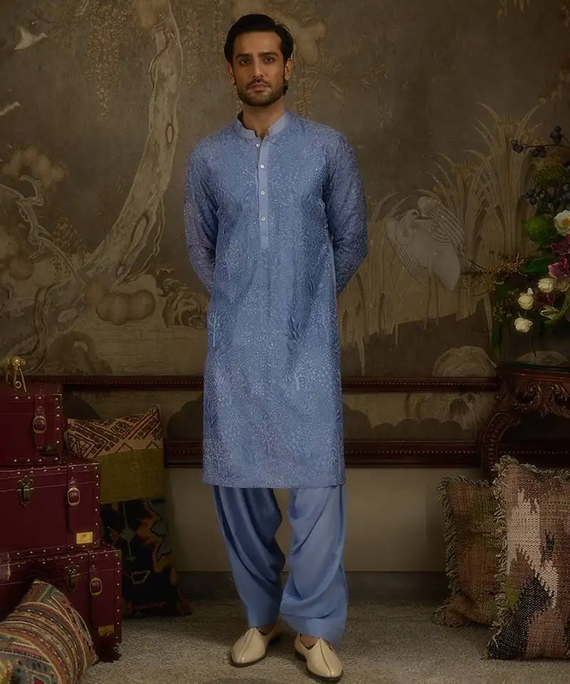 Blue embroidered georgette kurta pajama