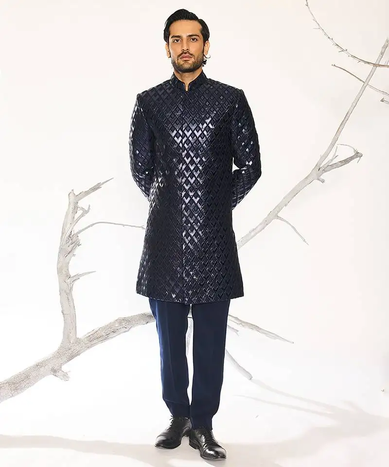 Blue embroidered crepe bandhgala suit