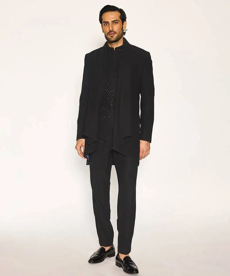 Black embroidered faux cotton drape jacket set