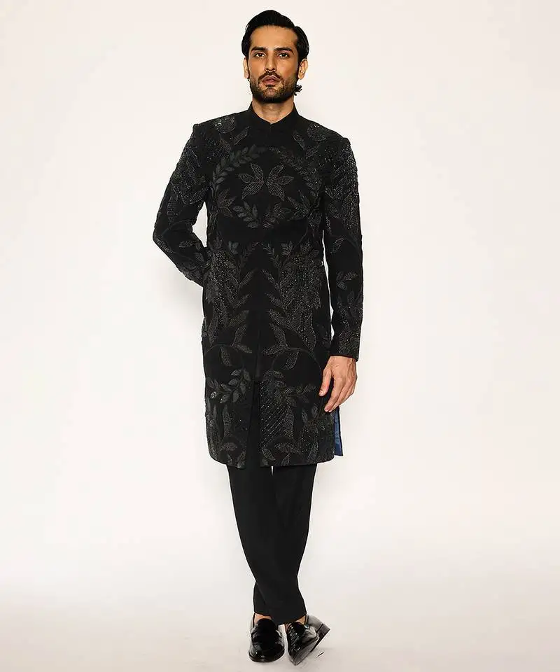 Black embroidered faux cotton bandhgala suit