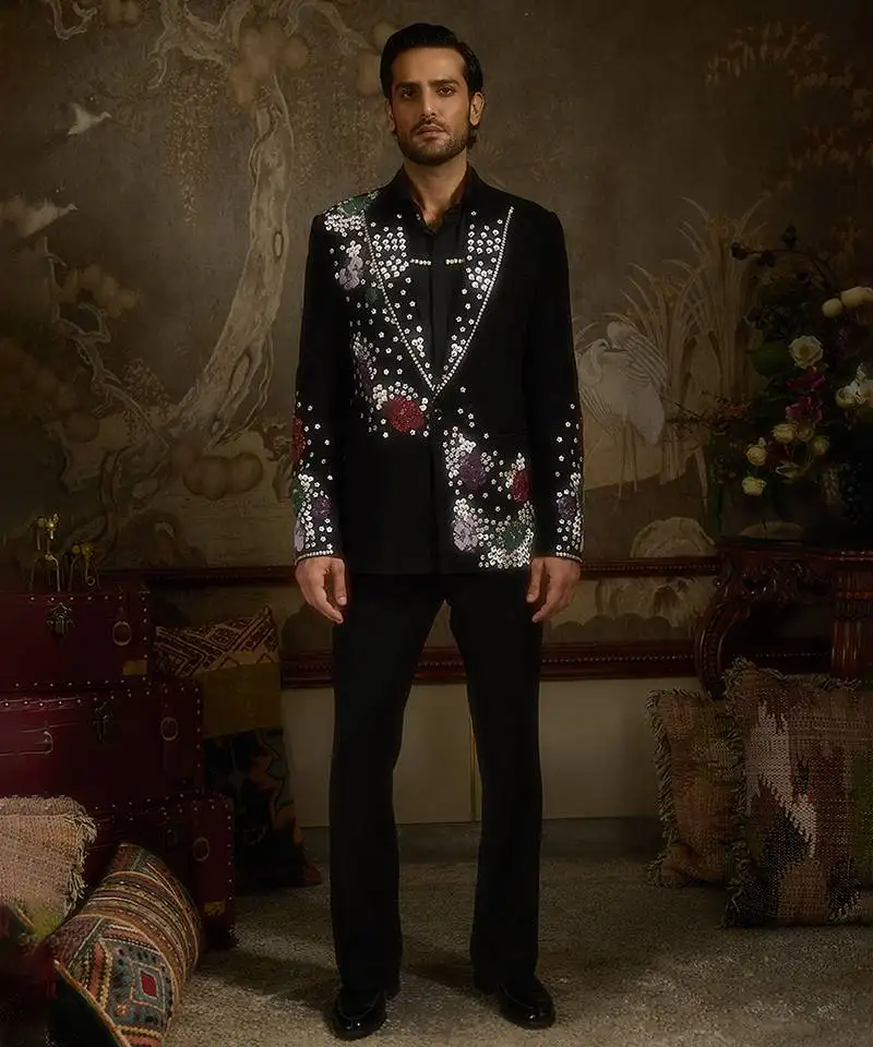 Black embroidered faux cotton tuxedo