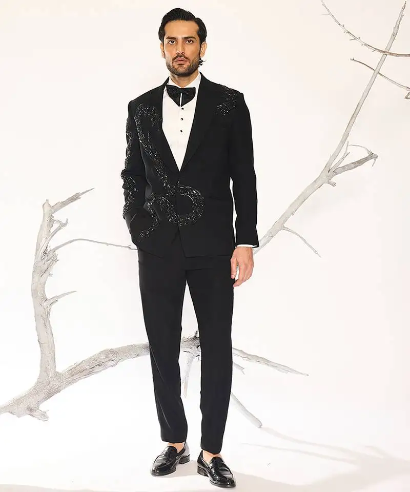Black embroidered woolen blend tuxedo
