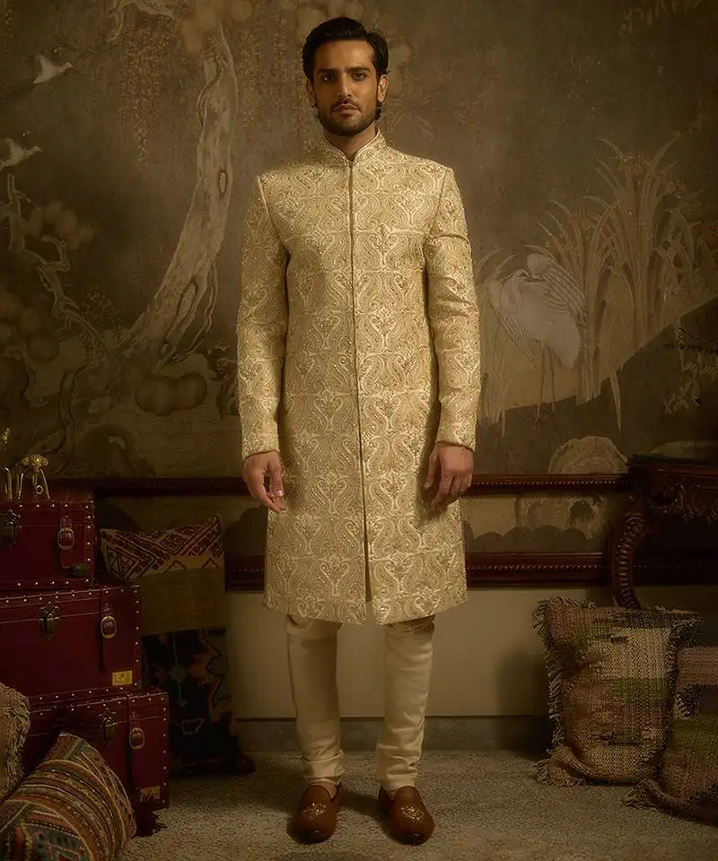 White embroidered silk sherwani